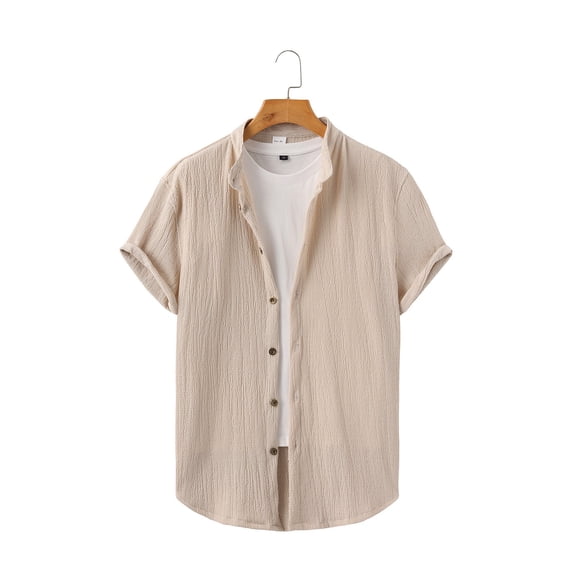 Yaoyar Cotton Linen Button up T-Shirt for Men Solid Color Muscle Fit Dress Shirts Banded Collar Casual Button Down Shirts
