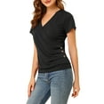 thumbnail image 4 of INSPIRE CHIC Women's Tops Wrap V Neck Short Sleeves Button Decor Ruched Causal Blouses Black S, 4 of 6