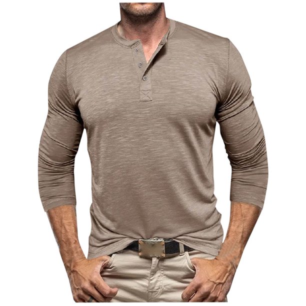 Blusas y camisas de manga larga y cuello redondo para hombre, de color liso, informales, con botones, de poliéster.