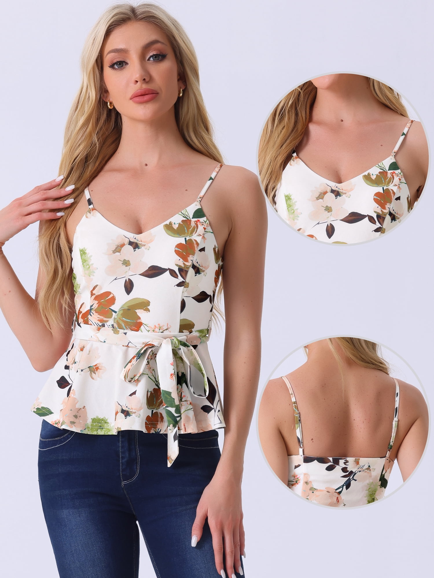 DARING DIVA Women's Floral Sleeveless Tie Waist Peplum Tank Top S White Green