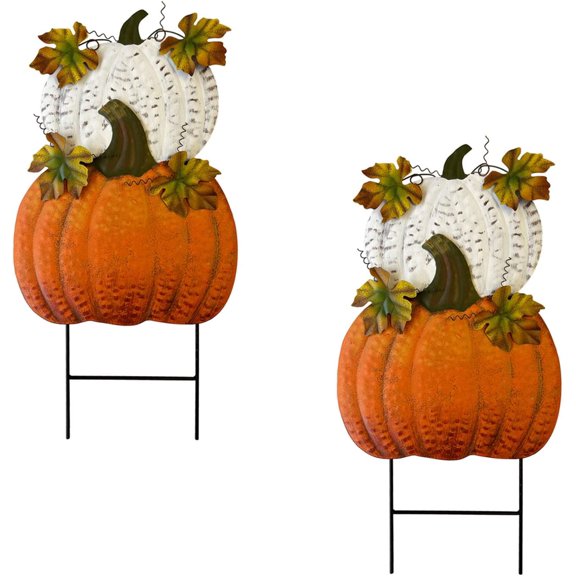 SAGUZOU Set of 2 Rustic Metal Stacked Pumpkin Garden Stake Indoor Outdoor Welcome Decoration Hanging Metal Double Pumpkins Yard Signs for Fall Harvest Decor Thanksgiving Halloween Lawn Decoration