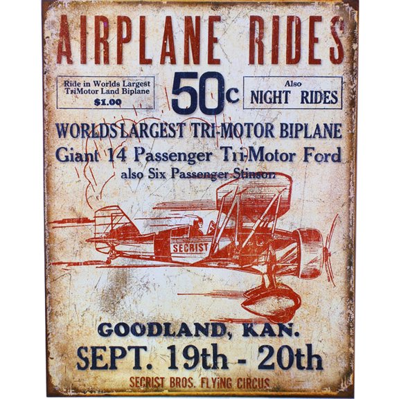 Secrist Flying Circus - Airplane Rides Tin Sign - 12.5x16