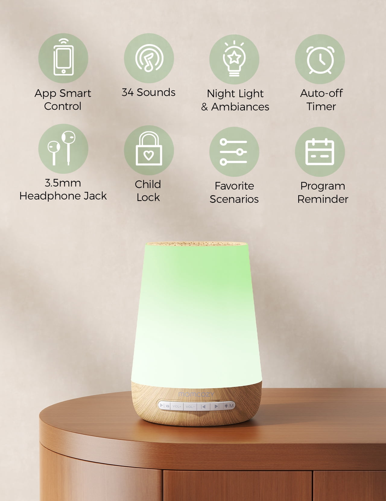 Momcozy White Noise Machine for Baby Sleeping with Night Light, Toddler Sleep Trainer with 34 Soothing Sounds, Timer, App Remote Control,Wood Grain