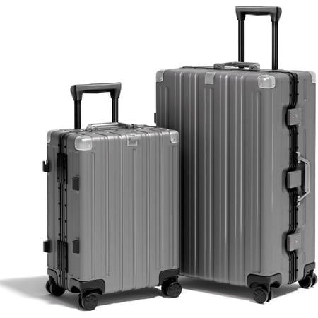 Krute Zipperless Luggage Set 2 Pieces Aluminum Frame Suitcase Sets Polycarbonate Hard Shell Luggage TSA Lock Checked Suitcase with Spinner Wheels Gray