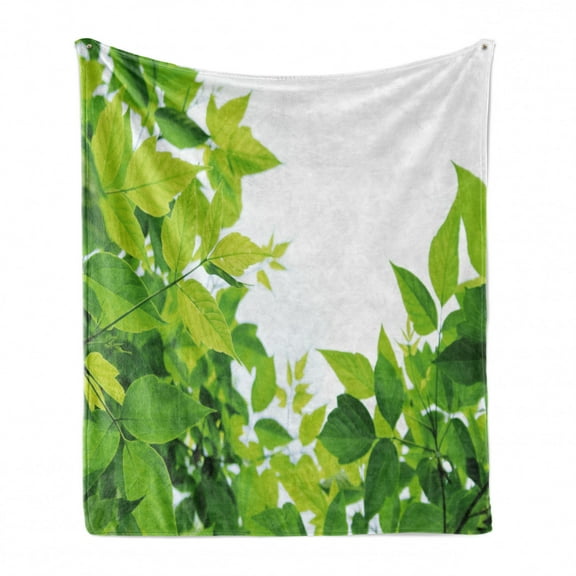 Plant Soft Flannel Fleece Throw Blanket, Photo of Fresh Leaves Spring Season Birth of Nature Happiness Ecology, Cozy Plush for Indoor and Outdoor Use, 70" x 90", Apple Green, by Ambesonne