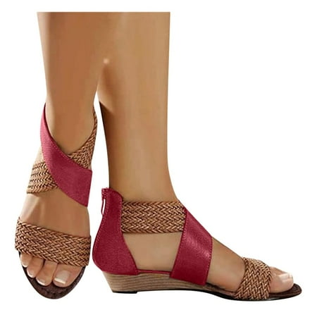 

sandals women weave wedge heel shoes zipper sandals casual beach sandals roman shoes