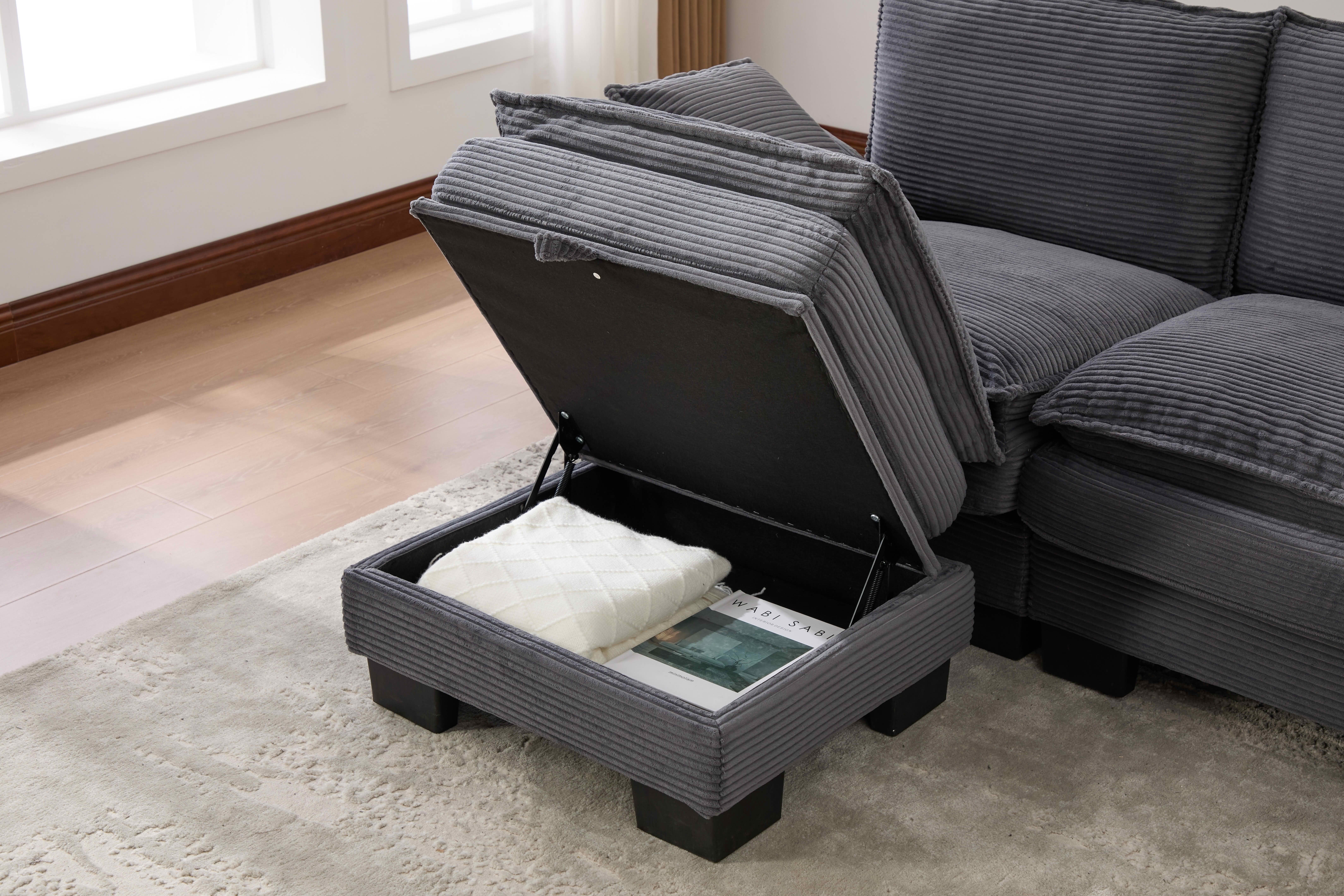 MAYEERTY Ottoman Footstool, Modular Cloud Sofa Footrest with Storage, Soft Corduroy, No Assembly, Dark Gray