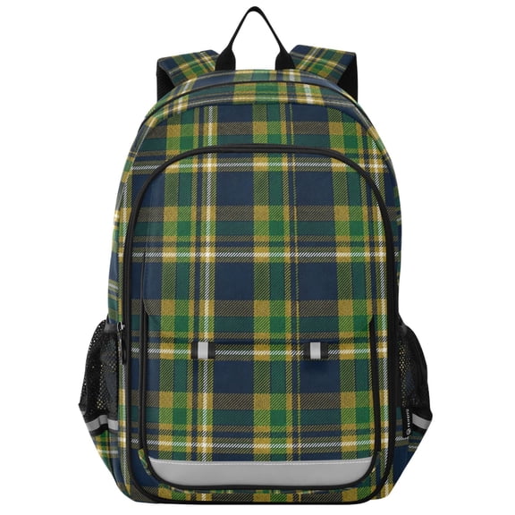 FORMRS Kids Backpack for School Unisex 17" Casual Bookbag Travel Daypack with Compartment Pockets, Green Yellow Plaid Pattern