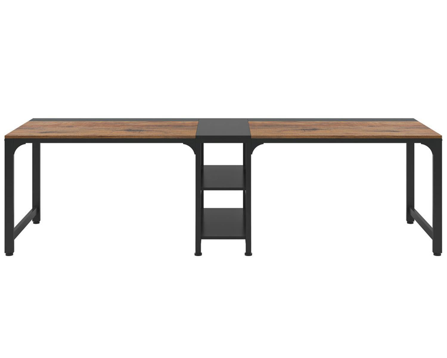 Demi Bonn 90" Industrial Two Computer Desk with Storage Shelves, Modern Double Study Writing Gaming Table for Home Office, Brown