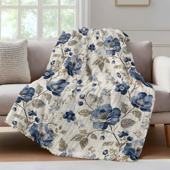Navy Blue Floral Fleece Throw Blanket for Couch, Beige Vintage Farmhouse Botanical Leaves Microfiber Flannel Blanket for All Season, Lightweight Soft Throw Blankets for Gifts, Home Decor, 32"x47"