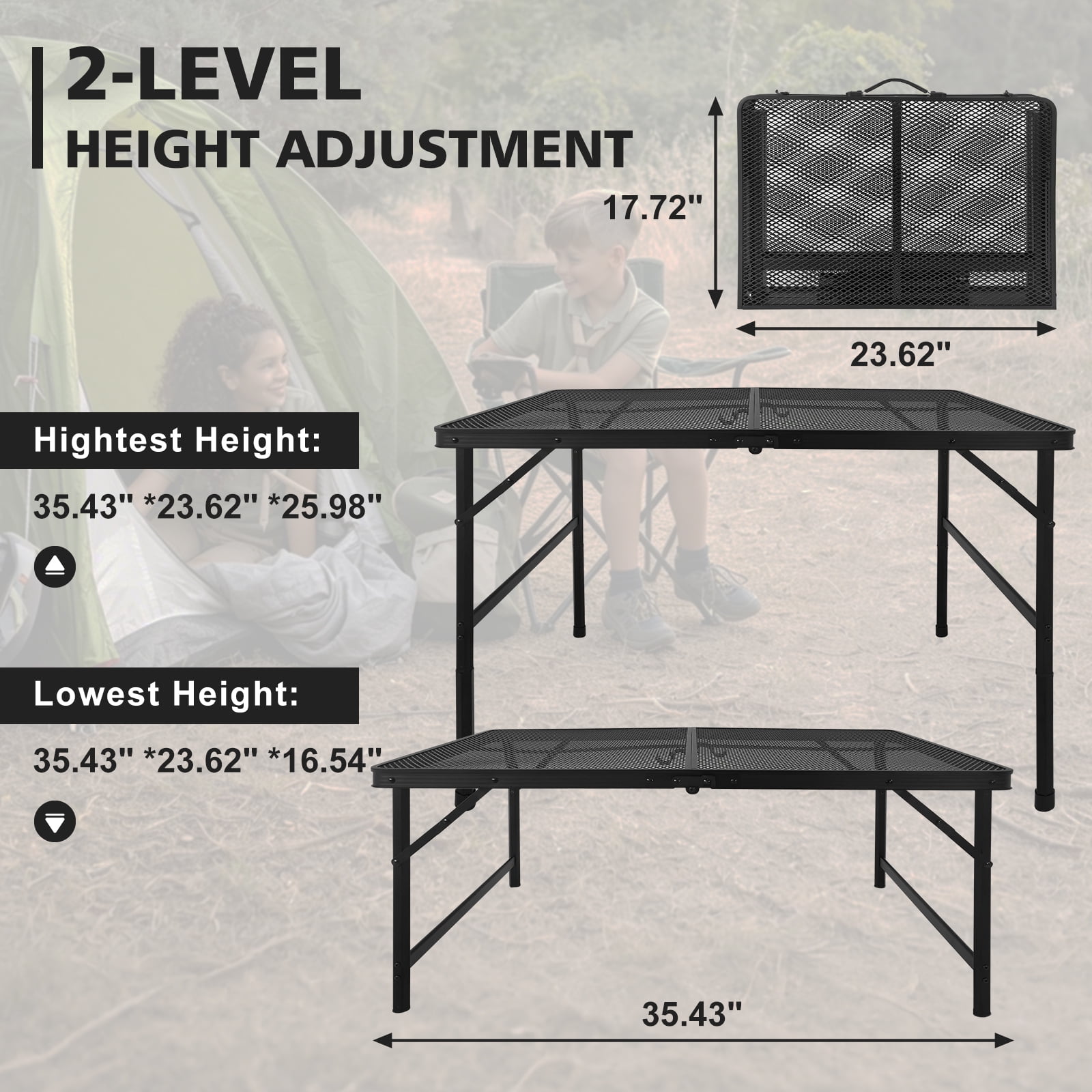 3FT Folding Camping Table, Black Mesh Desktop Portable Grill Table, Lightweight Aluminum Alloy Frame with Adjustable Height for Camping, BBQ, Picnic & Outdoor Activities