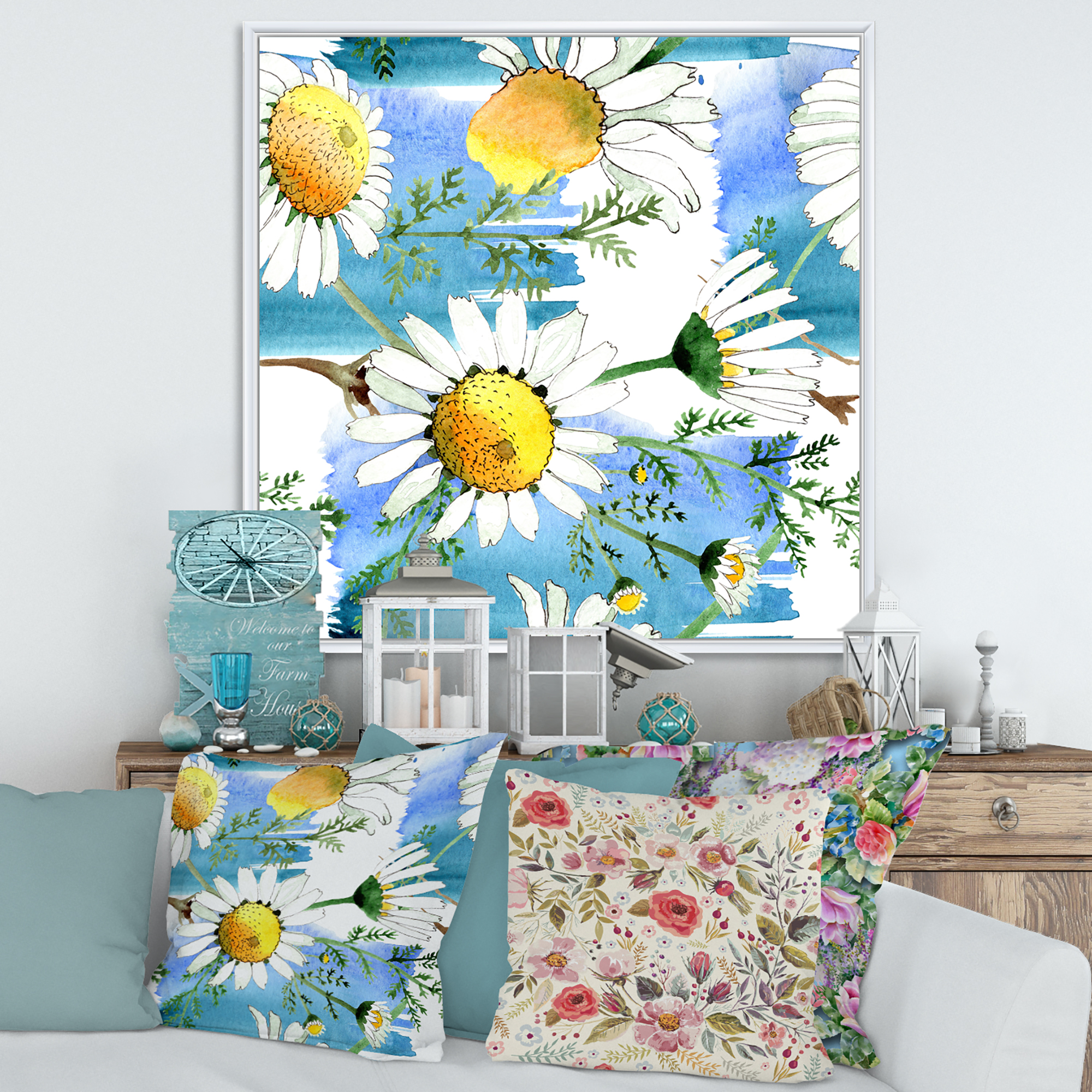 Designart 'Wild Spring White Chamomile Flowers' Traditional Framed Canvas Wall Art Print