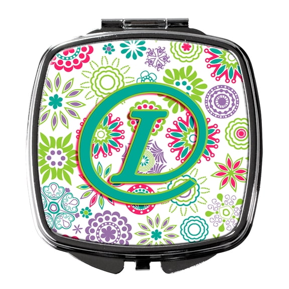 Letter L Flowers Pink Teal Green Initial Compact Mirror CJ2011-LSCM