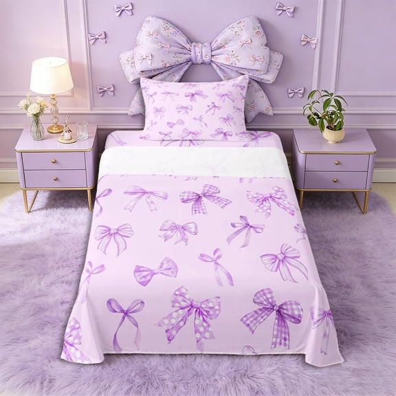 Erosebridal Girls Cartoon Bowknot Twin Sheet Sets 3pcs,Dreamy Princess Purple Bow Bedding for Teens Women,Ultra Soft Home Decor