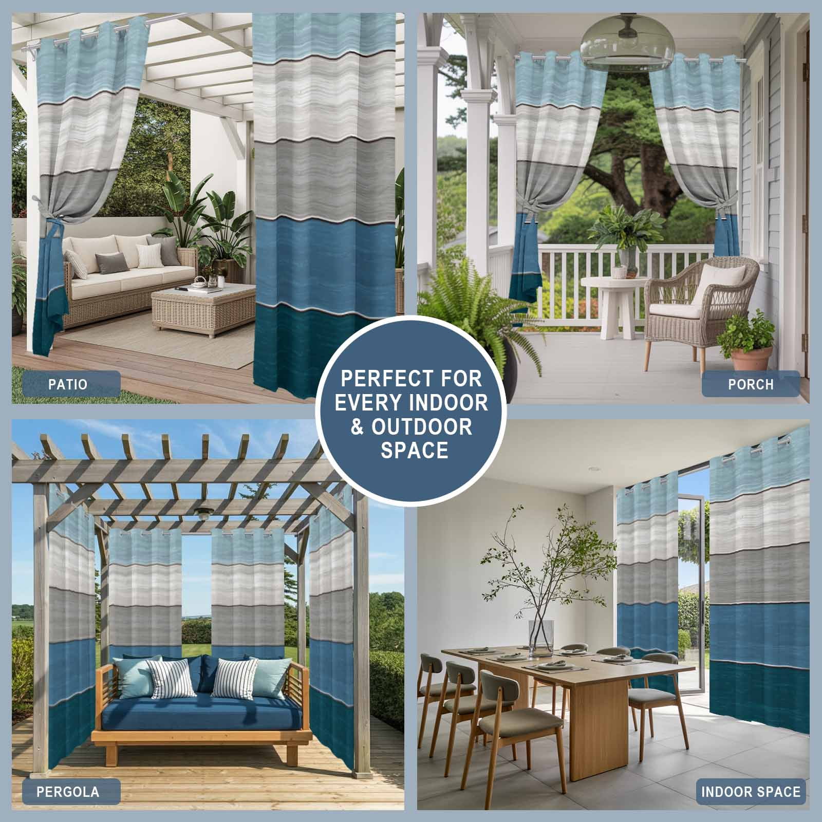 Outdoor Curtains for Patio Waterproof, Blue Ombre Wooden Windproof Pravicy Outside Porch Blackout Curtain, Farmhouse Retro Wood Gradient Sun Blocking Grommets Curtains for Cabana Gazebo 54"x108"