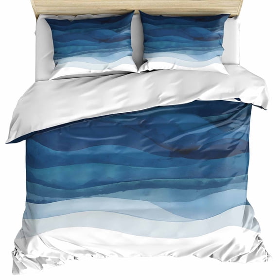 Navy Blue Ombre Bedding 3 Piece Duvet Cover Set Queen Size, Modern Moire Gradient Watercolor Soft Microfiber Comforter Cover with Zipper Closure & Pillowcases, Wrinkle & FadeResistant Quilt Cover