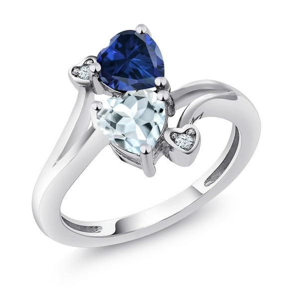 Gem Stone King 925 Sterling Silver Blue Created Sapphire Sky Blue Aquamarine Ring for Women (1.50 Cttw, Heart Shape 6MM, Gemstone September Birthstone, Size 9)