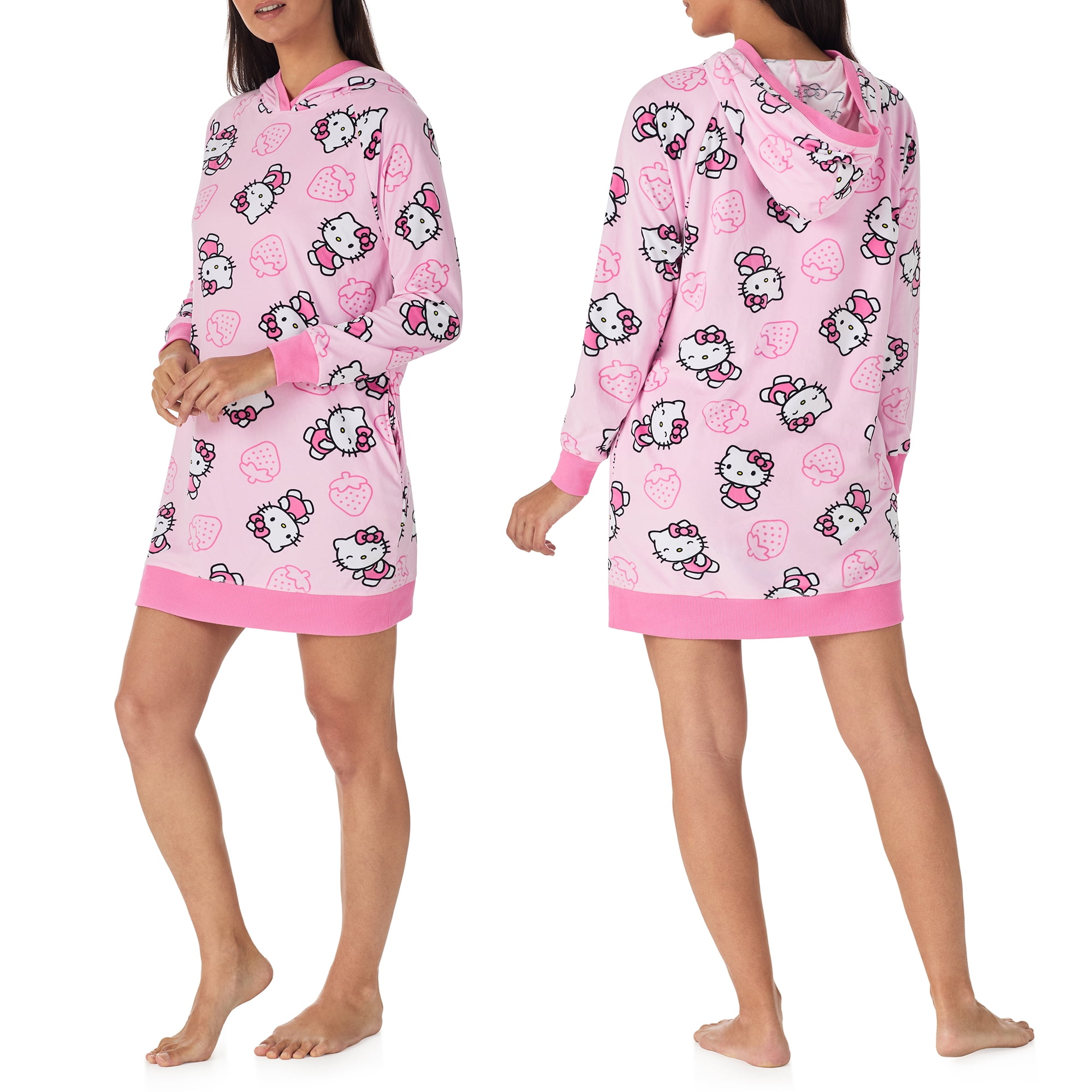 Richard Leeds International Womens Hello Kitty Hooded Pajama Lounger Sleep & Lounge Dress - Super Soft Plushy Cozy & Warm Hoodie Loungewear Pajamas Dresses for Women, Pink Large