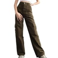 thumbnail image 1 of Pantalones de mujer con múltiples bolsillos Ajuste relajado Pierna ancha recta Cintura media Pantalones casuales de calle OD Verde L, 1 of 5