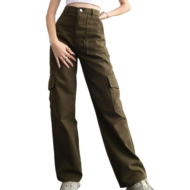 Pantalones de mujer con múltiples bolsillos Ajuste relajado Pierna ancha recta Cintura media Pantalones casuales de calle OD Verde L
