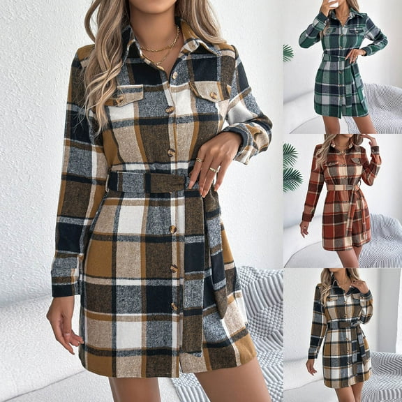 YHAJDS Women's Fall Winter Casual dress,Women's Dresses Long Sleeve Dress Fall Dresses For Women Plaid Print Collared Button Tie Fake Pocket Wool Shirt Midi Dress Casual Dress