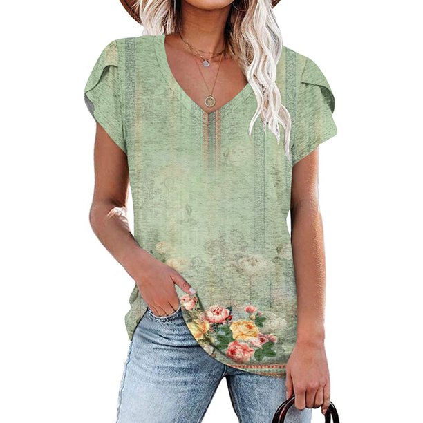 Fiudx Ofertas Del Día Blusa Informal de Manga Corta con Cuello En V y Estampado de Moda para Mujer