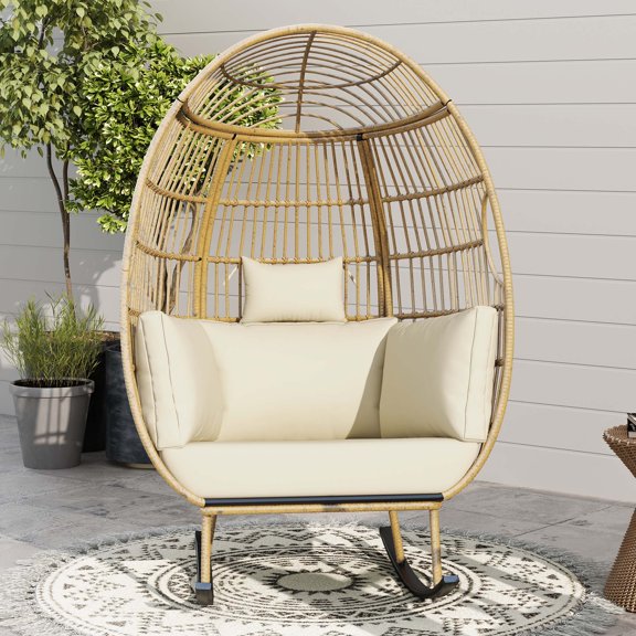 Uforic Wicker Outdoor Rocker Chair,Patio Rocking Egg Chair ,Basket Chair With Cushions - Beige