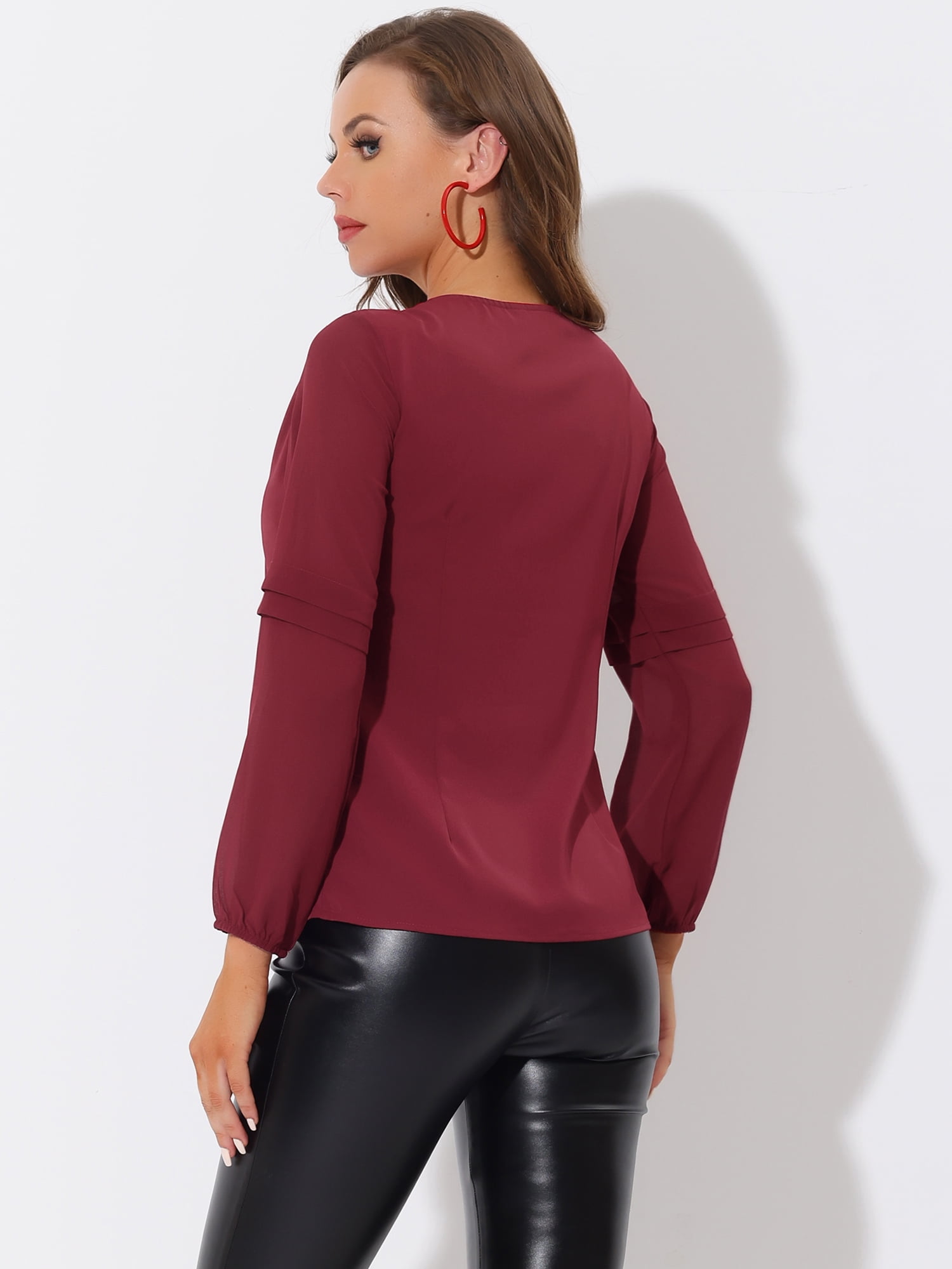 DARING DIVA Chiffon Semi Sheer Long Sleeves Keyhole Neck Blouse XS Wine Red