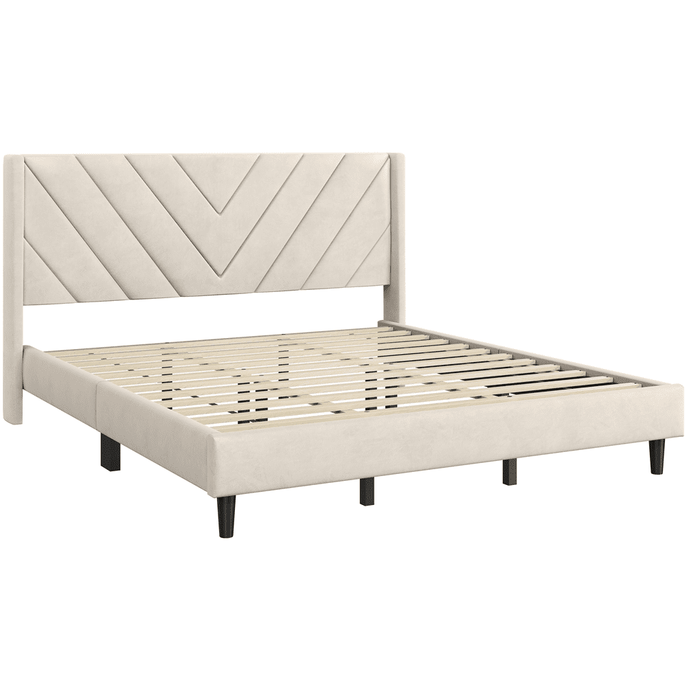 Renwick Upholstered Platform Bed Frame with Wooden Slat Support, King, Beige