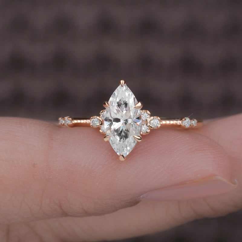Cora Jewellery Art Deco 1.0CT Marquise Cut Engagement Ring for Women, 10K Rose Gold, 10.5 US