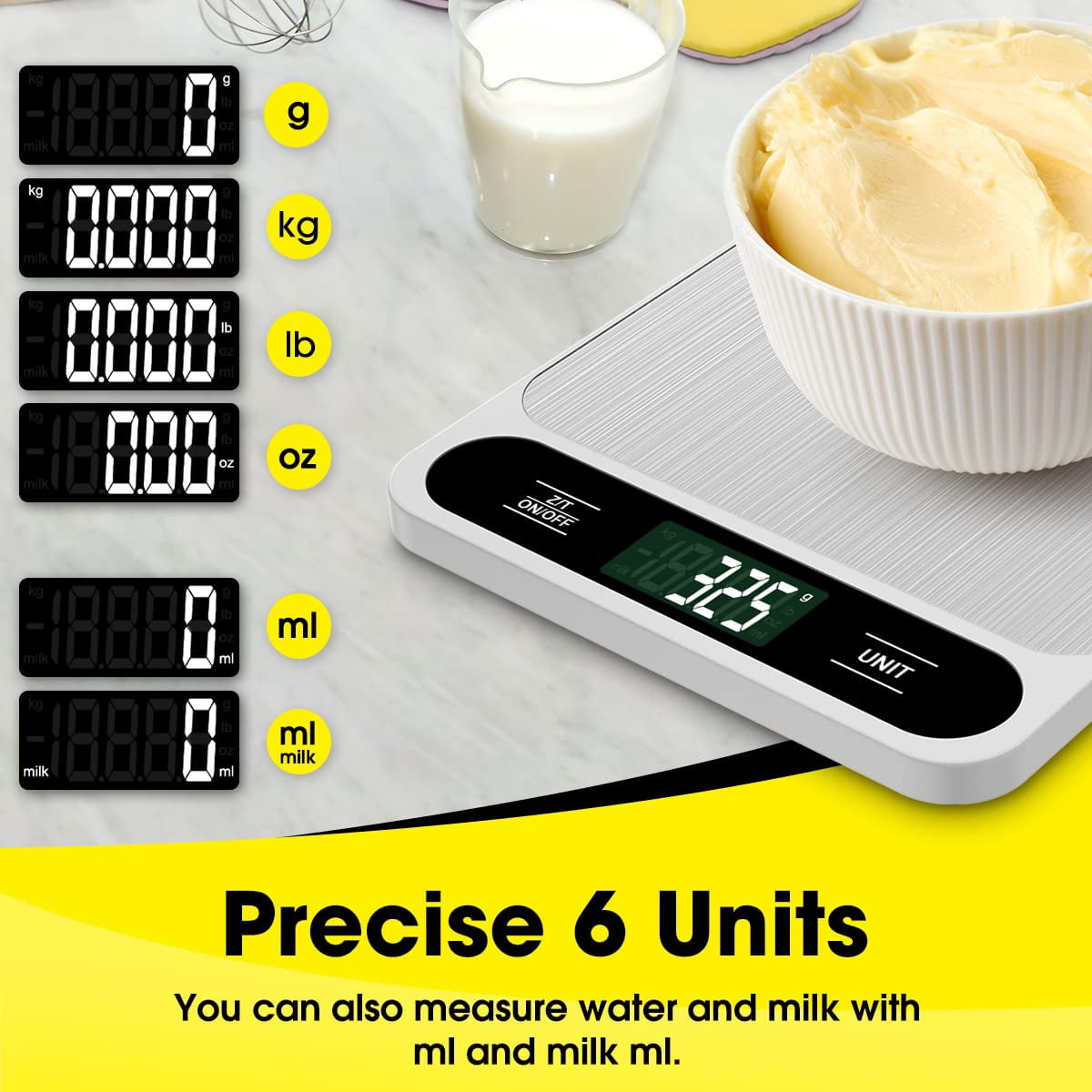 Food Scale White, 22lb/10kg Digital Kitchen Scale Grams and oz for Baking Cooking and Weight Loss, 1g/0.04oz Precise Graduation, Easy Clean Stainless Steel