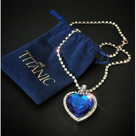 Black Pearl, Titanic Heart of Ocean Blue Heart Pendant Necklace, Gold