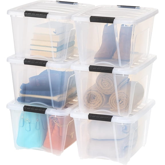 32 QT Plastic Storage Box with Lid and Latches - 6 Pack - BPA-Free, See-Through Organizing Solution, Durable Nestable Stackable Containers, Secure Pull Handle - Clear