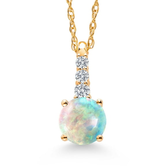 Gem Stone King 10K Yellow Gold White Simulated Opal and White Lab Grown Diamond Pendant Necklace for Women (0.55 Cttw, Round Cabochon 5MM, Gemstone October Birthstone, with 18 inch Chain)
