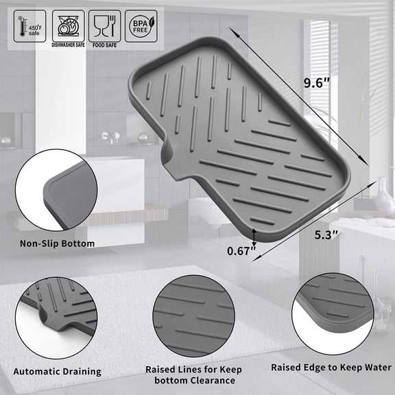Silicone Soap Dish with Drain Spout – Bathroom and Kitchen Organizer, Sponge Holder, Tray for Dispenser, Scrubber, Bottle, Countertop Drying,Grey - 15x24cm