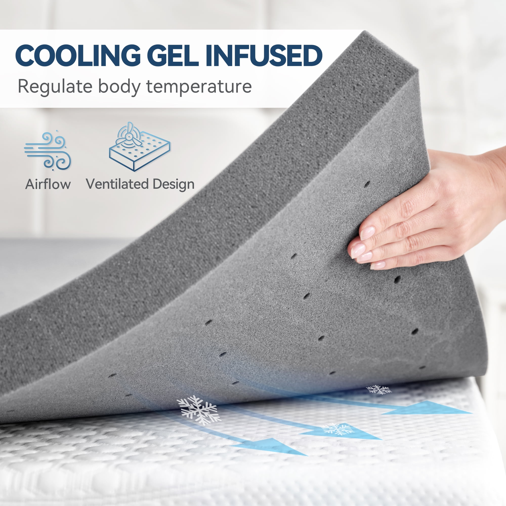 BDEUS 2 Inch Mattress Topper, Cooling Gel Memory Foam Mattress Topper, Bed Topper, Soft, Twin-XL Size，Gray