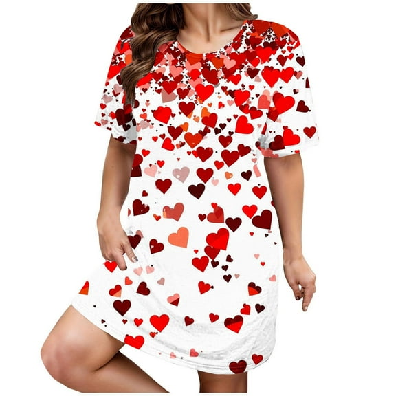 WCJM Short Sleeves Shirt Plus Size Casual Sleep Dress Women's Plus Heart Print Short Sleeve Round Neck Medium Stretch Loose Nightdress Valentine's Day Nightdress