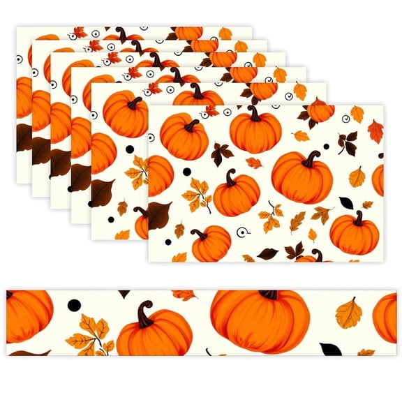 7 Piece Linen Table Runner and Placemats Set, Pumpkin Autumn Pattern Round Corner Heat Resistant Washable Table Mats for Home Kitchen Dining Party Decoration