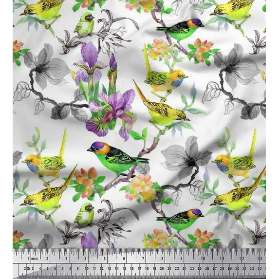 Soimoi Moss Georgette Fabric Floral & Sparrow Bird Printed Craft Fabric by The Yard 42 Inch Wide