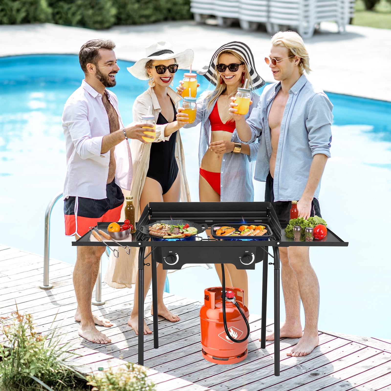 Zimtown 2-Burner Camping Stove Propane Stove Gas Burner Outdoor Stove with Wind Panel and Workstation