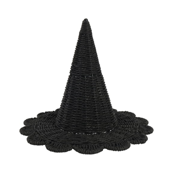 Scalloped Black Rattan Witch Hat Tabletop Decor, Woven Wicker Witch Cap Figurine, Halloween Centerpiece Ornament for Mantel Shelf Party Home