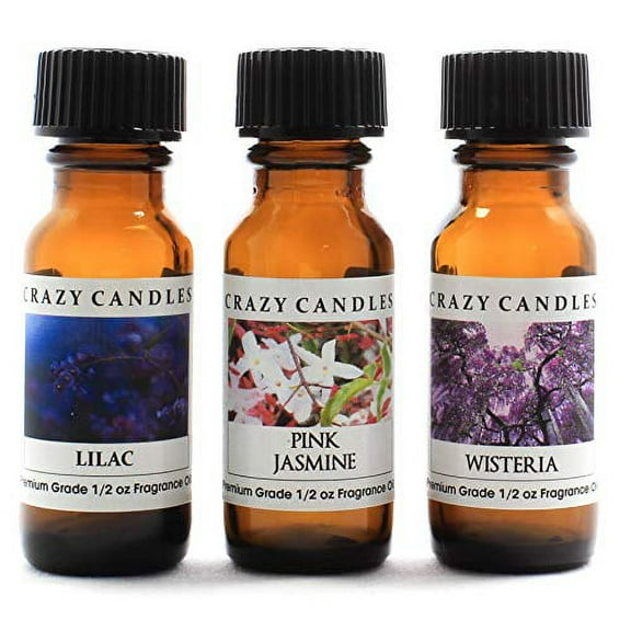 Crazy Candles 3 Bottle Set: 1 Lilac 1 Pink Jasmine 1 Wisteria 1/2 FL Oz Each (15ml) Premium Grade Scented Fragrance Oil