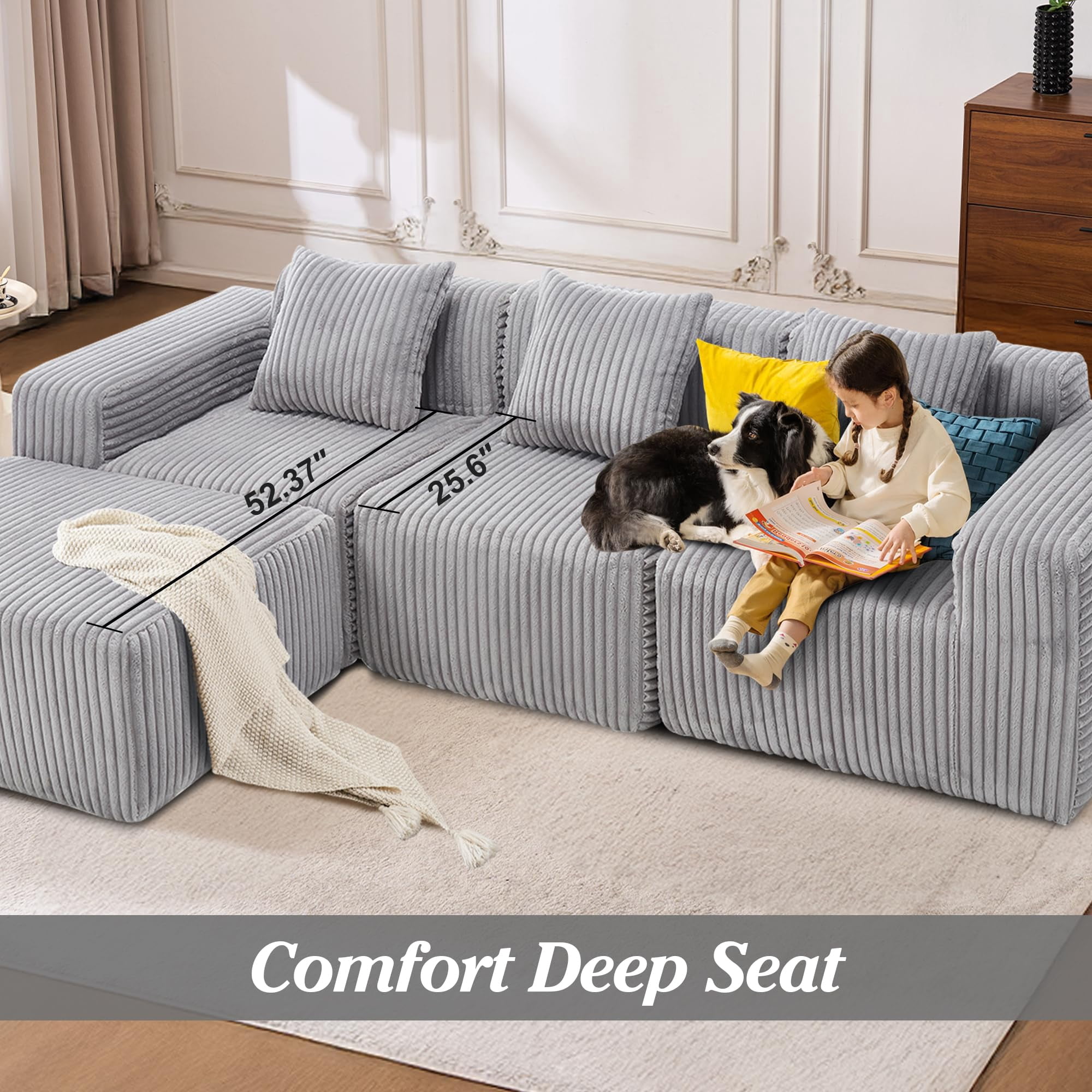 Upholstered Cloud Couch, Modern Minimalist Corduroy Couches for Living Room, Foam-Filled Compressed Sofa,No Assembly Required
