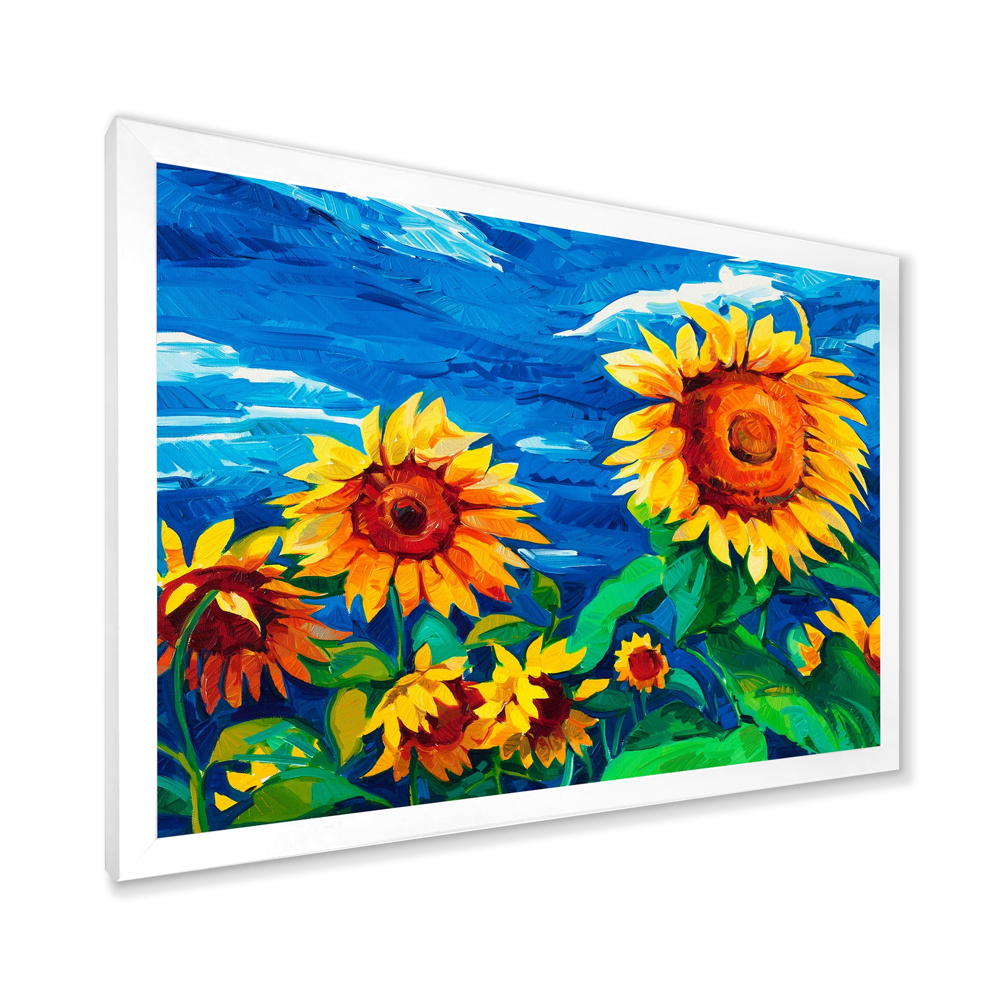 Designart 'Sunflowers Field Under A Bright Blue Sky' Traditional Framed Art Print