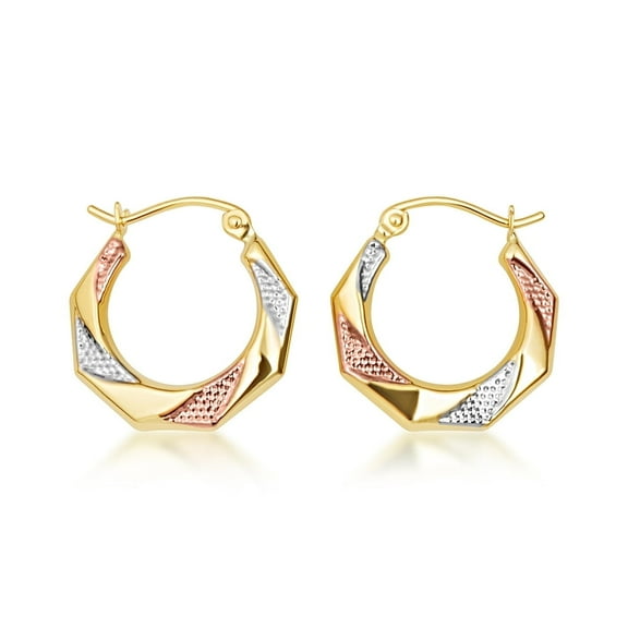 14K Tri Color Gold Textured Hoop Earrings