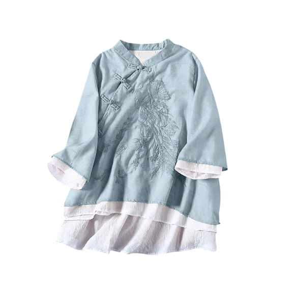 QASIEATN Women Long Sleeve Frog Button Down Blouse Top Trendy Embroidered Cheongsam Shirt Summer Blouse Fashion Clothing