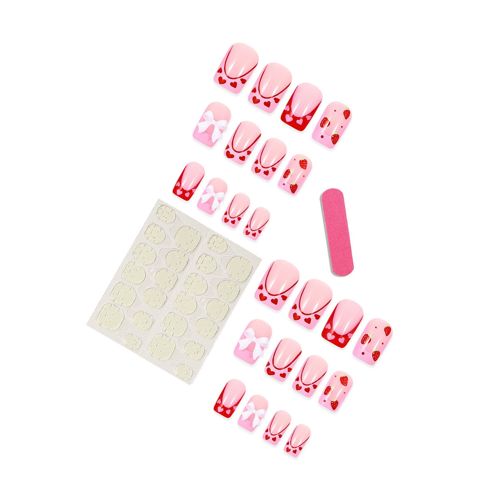 HHBEAUTY White French Tip Press on Nails Square Short Fake Nails With 3D Pink Bow Designs Strawberry False Nails Pink Full Cover Stick on Nails Acrylic Artificial Nails for Women Girls