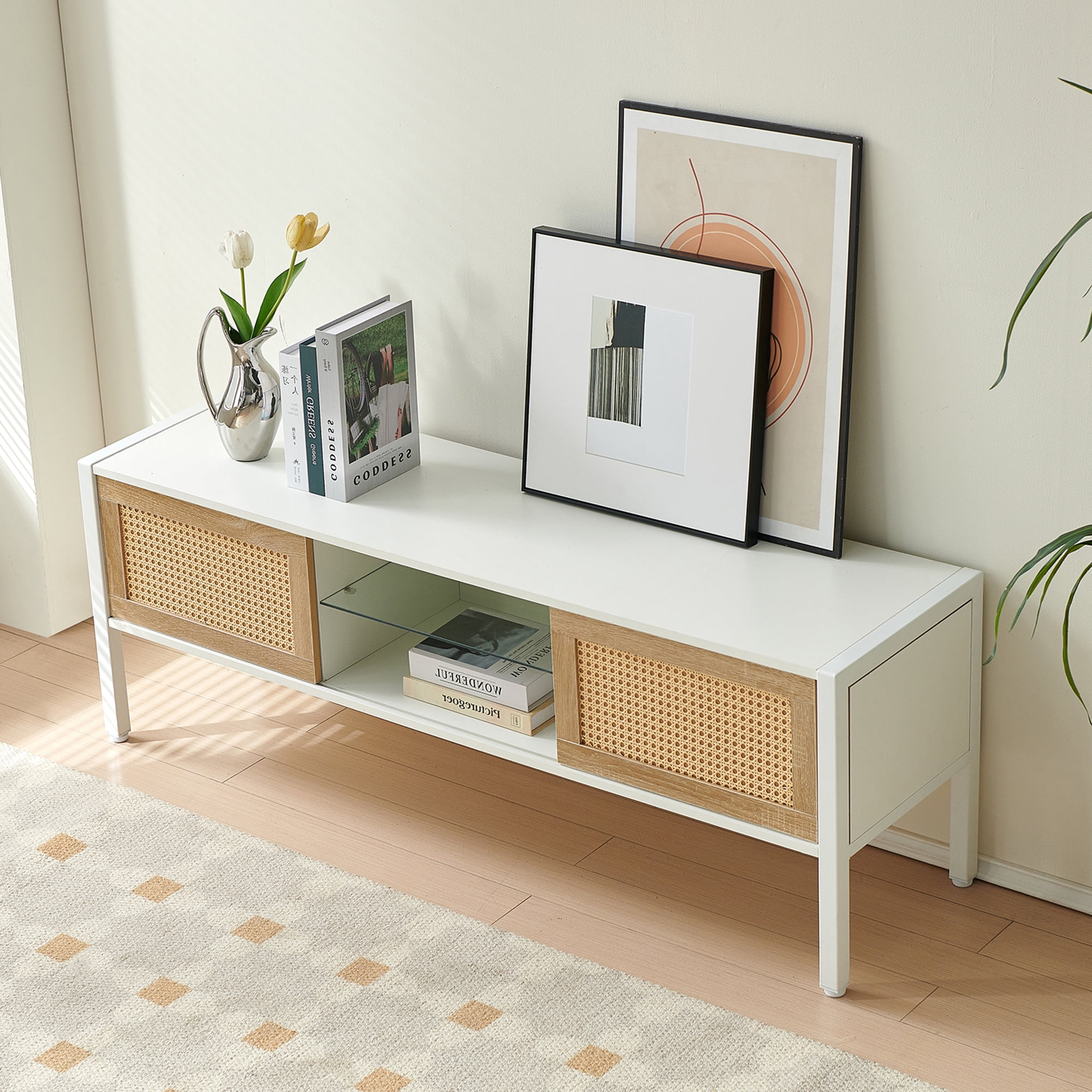 MAYEERTY 54.33" Rattan TV Cabinet with Adjustable Shelf, Variable Color Light Strip, and Metal Legs, White