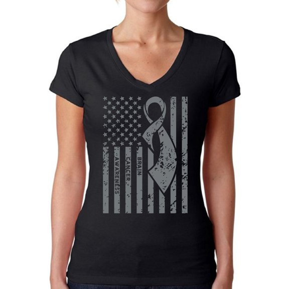 Awkward Styles Women's Brain Cancer Awareness V-neck T-shirt Gray Ribbon
