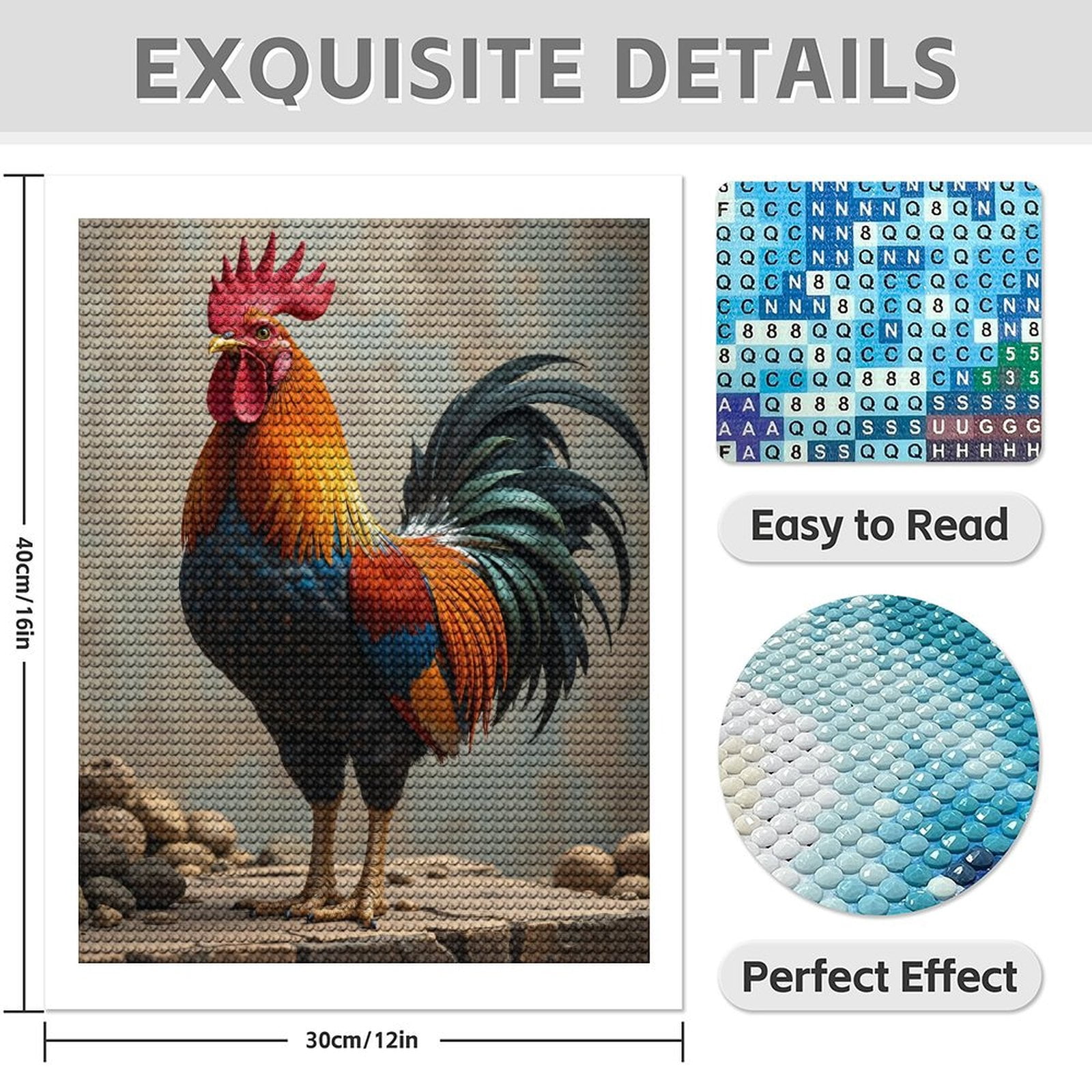 Diamond Art Kit for Adults, Colorful Rooster With Rock Background Diamond Painting for Adults Beginners, DIY Diamond Art Painting Kits, 5D Diamond Painting Crafts for Home Decor 12x16 Frameless